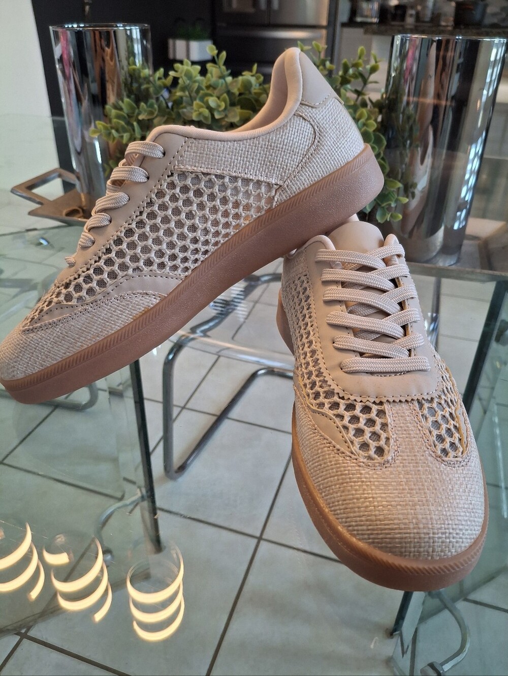 Woman Rafia  Neutral Beige Mesh Casual Sneakers